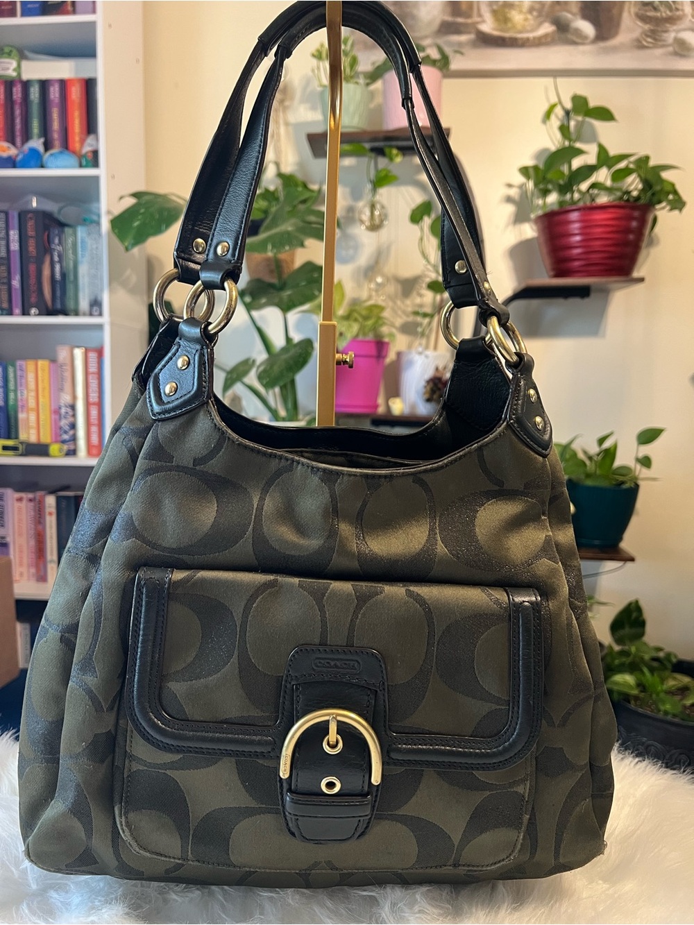 Coach Olive Signature Canvas Shoulder Bag with Black Trim